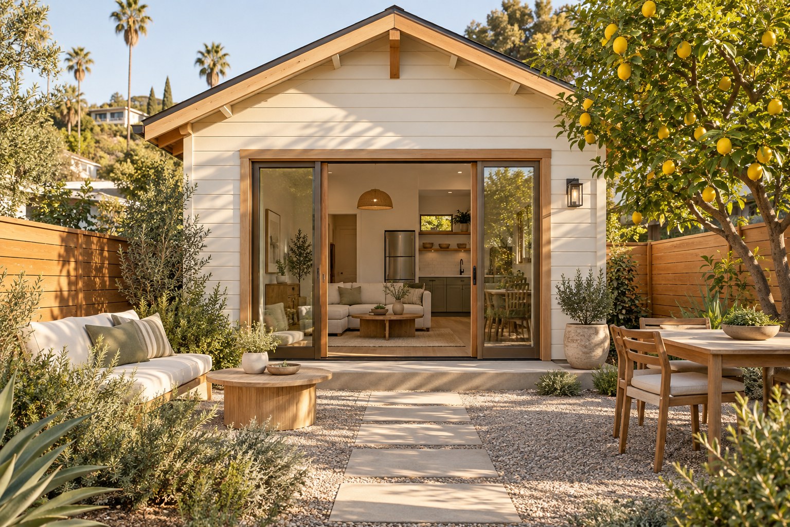 Concept image of a gabled garden cottage with a private patio
