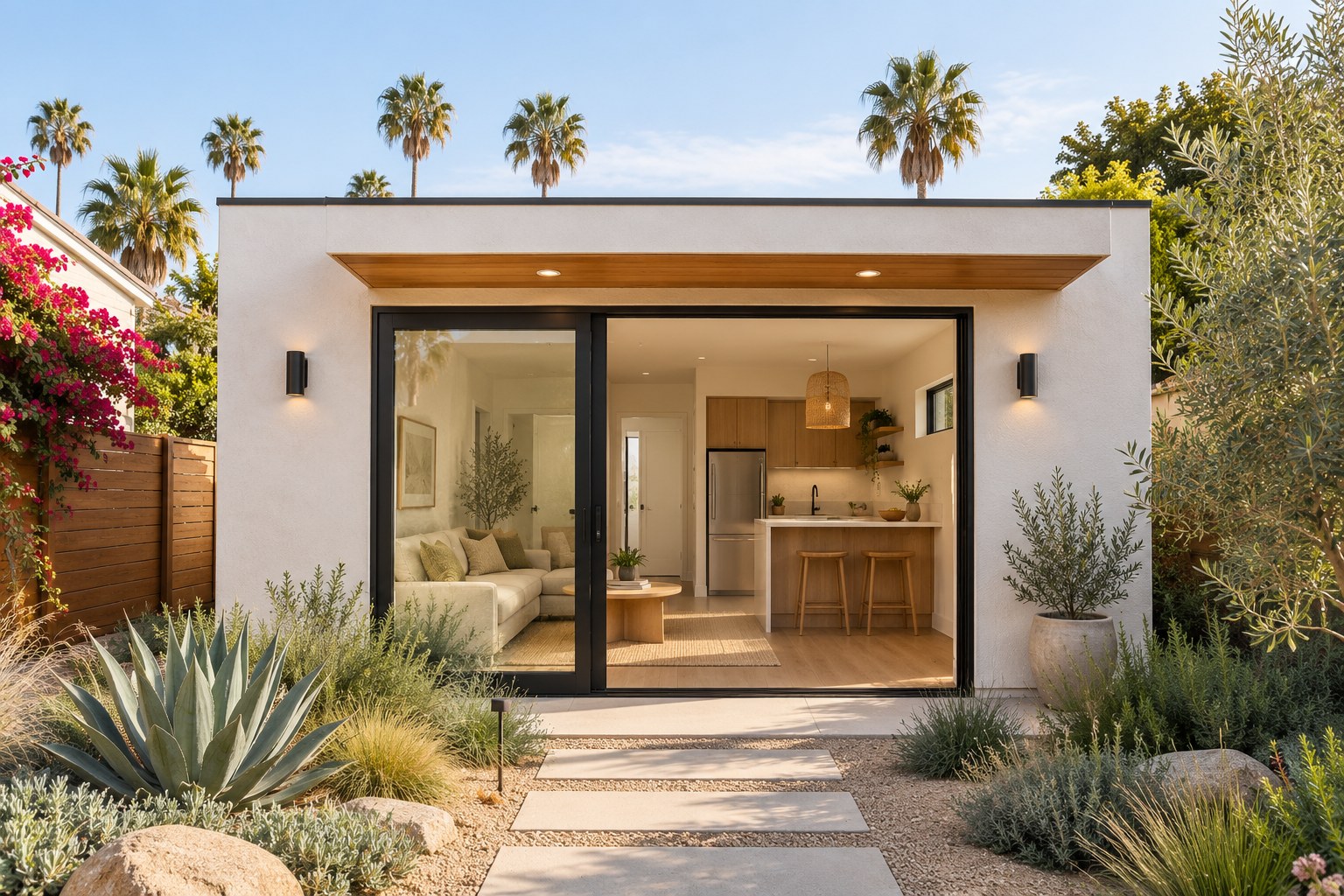 Concept image of a white stucco garage-conversion ADU