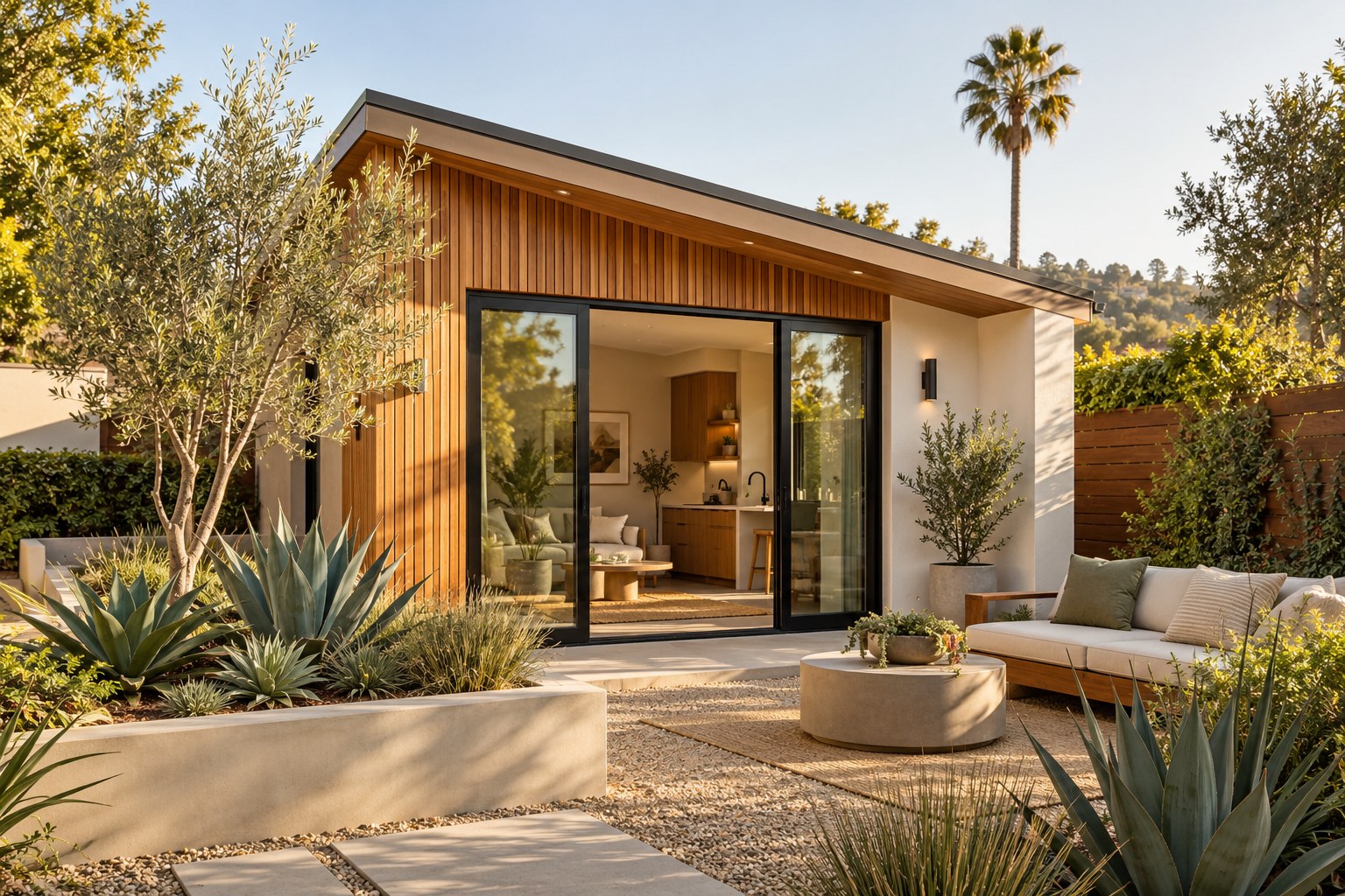 Concept image of a modern backyard ADU with cedar siding and drought-tolerant landscaping