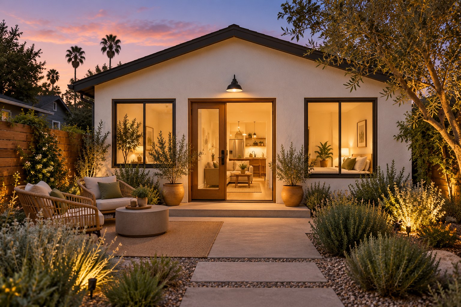 Concept image of a welcoming backyard ADU at dusk
